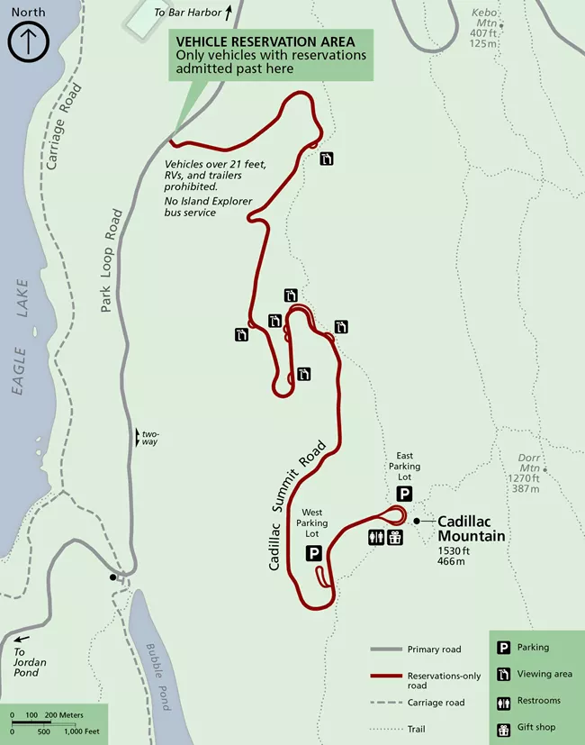 Map of Cadillac Summit Vehicle Reservation Area | NPS